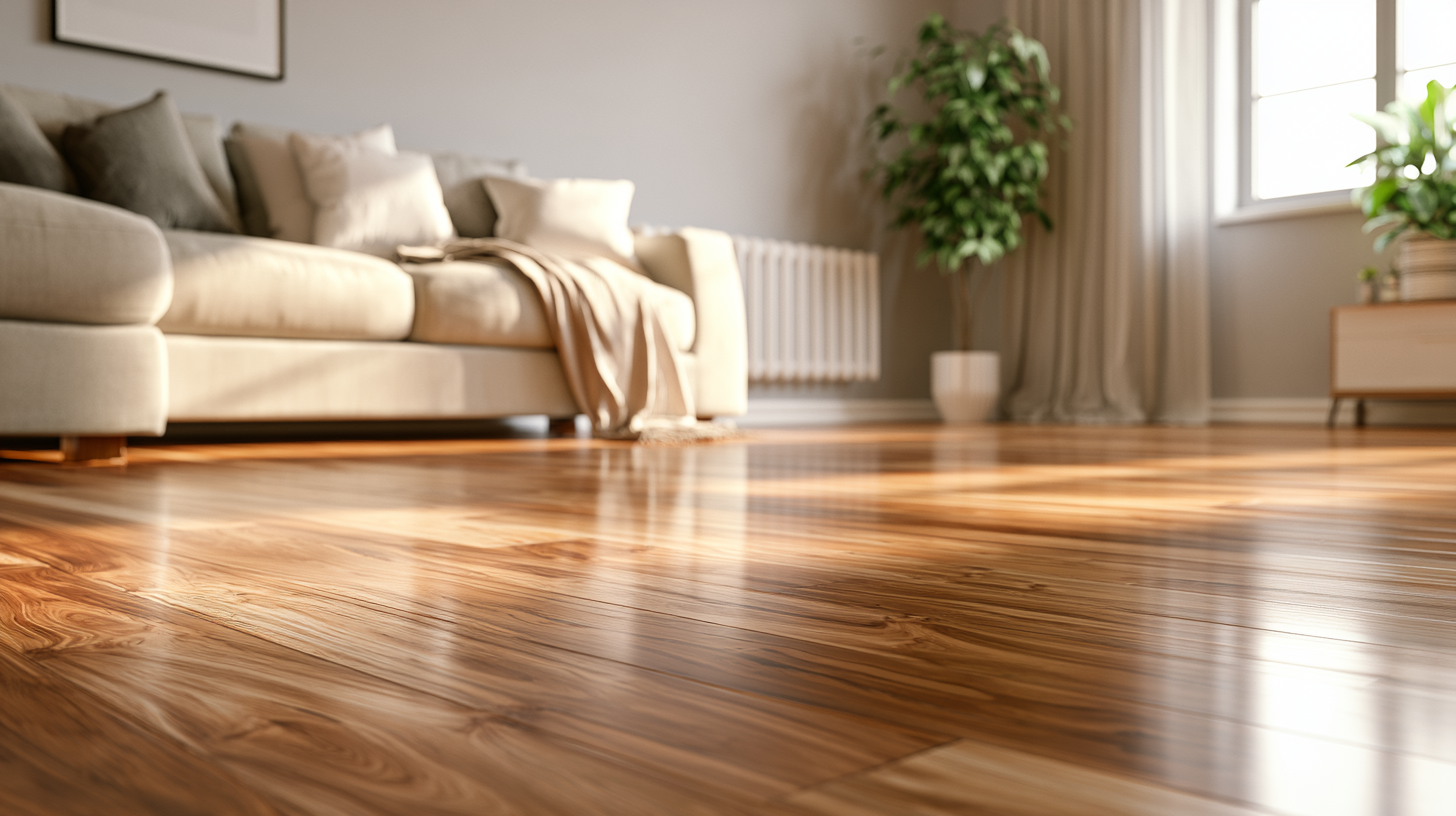 Warm hardwood floor in a calm living room with soft daylight